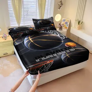 Basketball-themed, Sports motif 3 Pcs fitted sheet set, including 2 coreless pillowcases, strong wrapping, features a black & gold basketball & hoop design, making it ideal for a sporty bedroom, a perfect gift for boys, stylish & durable
