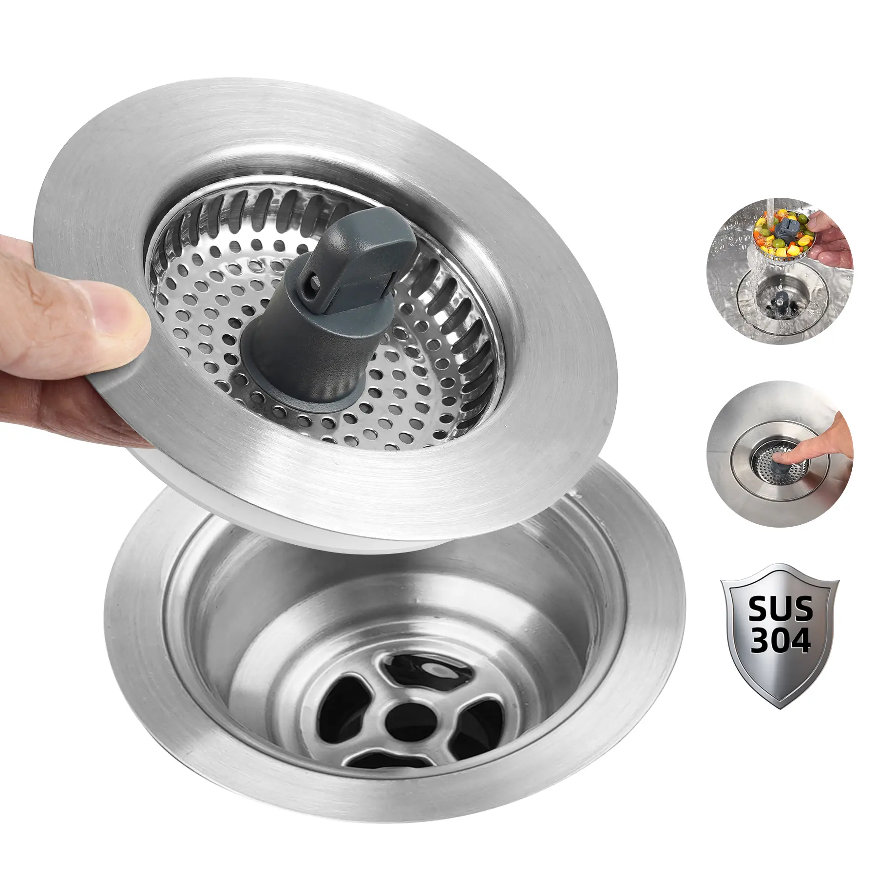 Hibbent Upgraded 3-in-1 Kitchen Sink Drain Strainer - Stainless Steel Stopper, Anti-Clogging Food Catcher Basket, Fast-Drainage Odor Filter Cover for 3.5 in US Standard Drains, Drain Cover