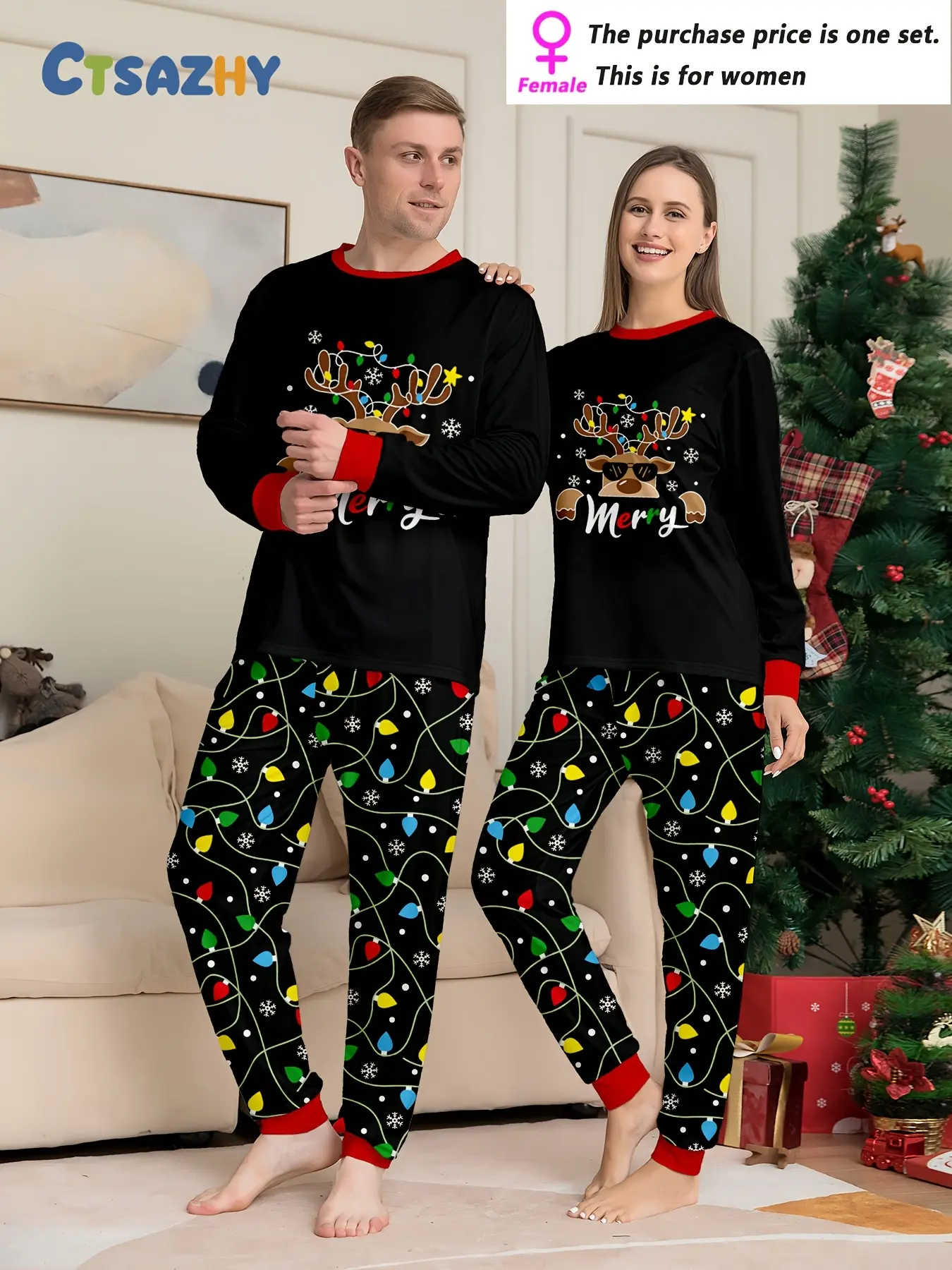 MEN/WOMEN Couple Christmas Long Sleeve Pants Homewear Pajama Set, Sunglasses Antlers Decorative Colored Christmas Lights String Reindeer Snowflake Printed Element Top and Full Printed Pants, Crew Neck Design, Men's or Women's, Single Set, Clothes
