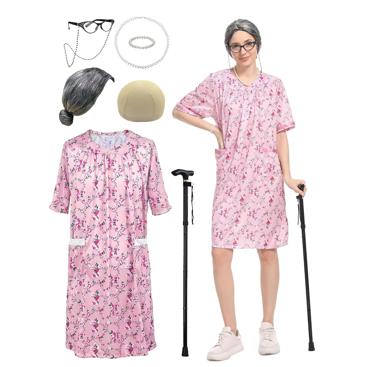 Women's Old Lady Costume Gown, Retro Pink Floral Granny Dress for Cosplay and 100 Days of School, 8-Piece Set with Wig, Glasses, Cane, and Pearl Accessories, Clothes, Gowns