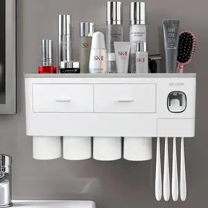 2-4 Cup Toothbrush Holders for Bathrooms - Wall Mounted with Toothpaste Dispenser - CosmeticDrawe, Large Capacity Tray & Bathroom Accessories Bottles Home Goods Organizer Organizing Toothbrush Storage