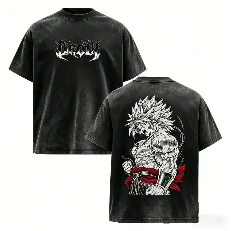 Broly Vintage Washed Graphic Tee, Oversized Heavyweight 230gsm Breathable Cotton, Unisex Anime Streetwear with Double Sided Print, Gym Pump Cover, Apparel, Shortsleeve, Casual, Classic, Menswear, Seamless, Fabric, Soft
