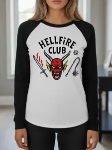 Unisex Hellfire Club Stranger Things Long Sleeve Shirt, Vintage Graphic Casual Top, Fitted Stripes Design, Fall & Winter Fashion Womenswear