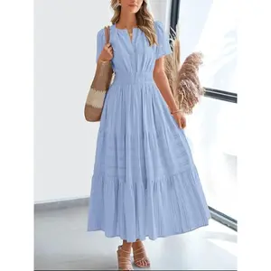 Women’s elegant formal casual long dress, V-neck pleated layered A-line, lined, fitted style GARMENTARY