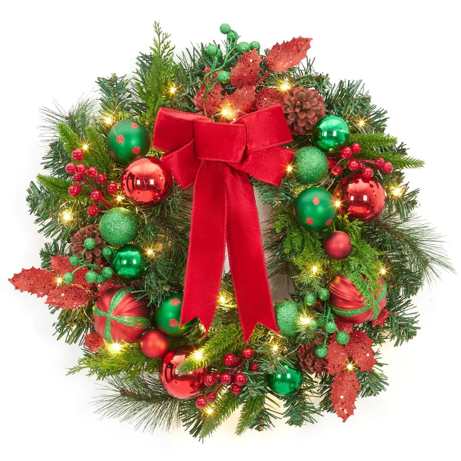 GARVEE 22-Inch Classic Velvet Christmas Wreath, Red and Green Artificial Decor with Shiny Metallic Balls, Decorative Ribbon for Front Door, Wall Display
