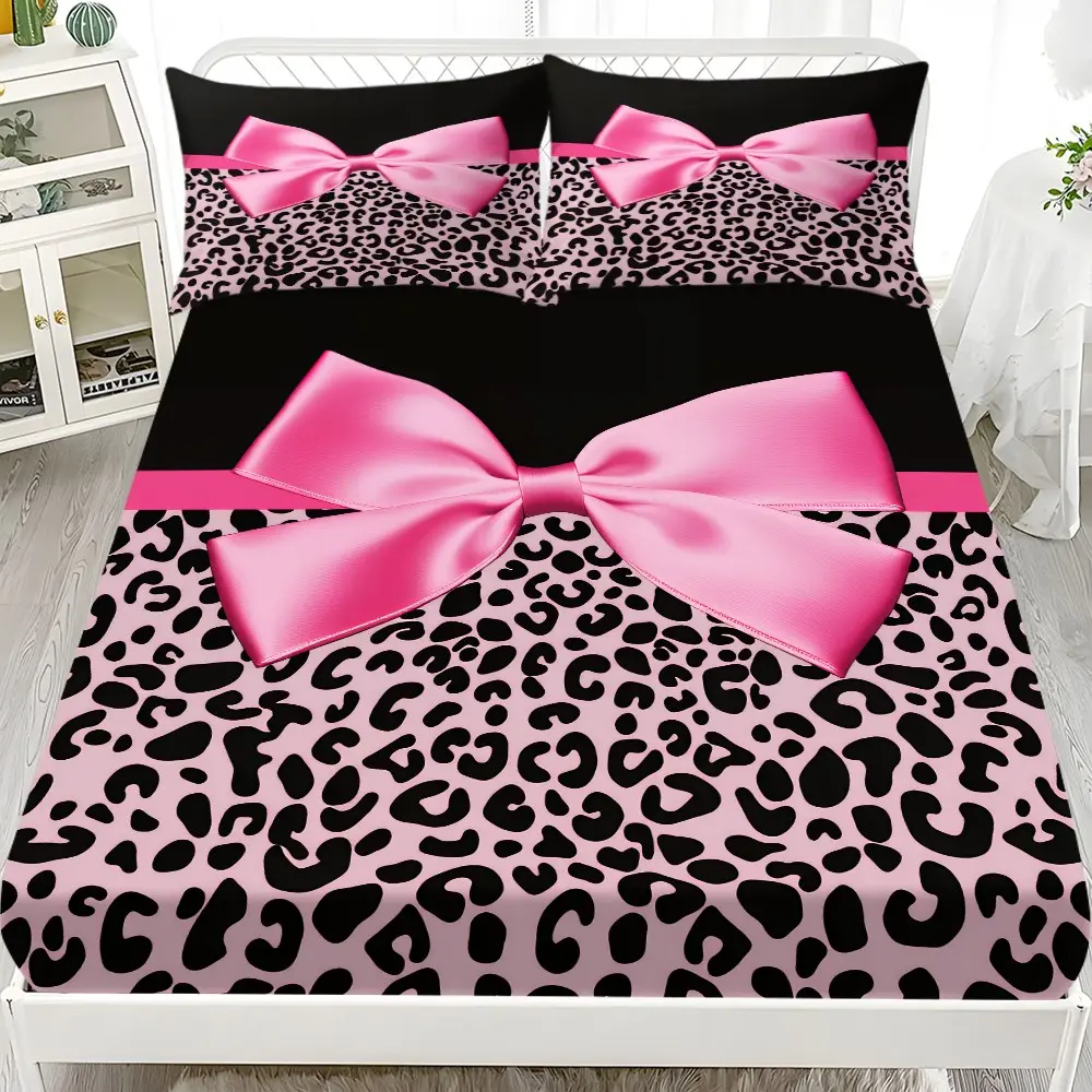 Bow Leopard Print Bedding Set (1 Fitted Sheet + 2 Pillowcases), Modern Style, Suitable for Dorms, Hotels, All Seasons, Decorative Bedsheet Sets