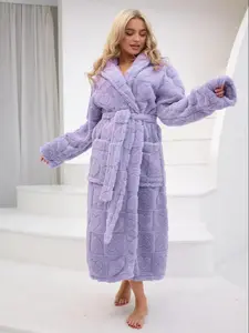 Women's Coral Fleece Heart Bathrobe, Womenswear Hooded Long Sleeve Sleepwear, Warm Thick Padded Robe with Belt & Dual Pockets, Loungewear