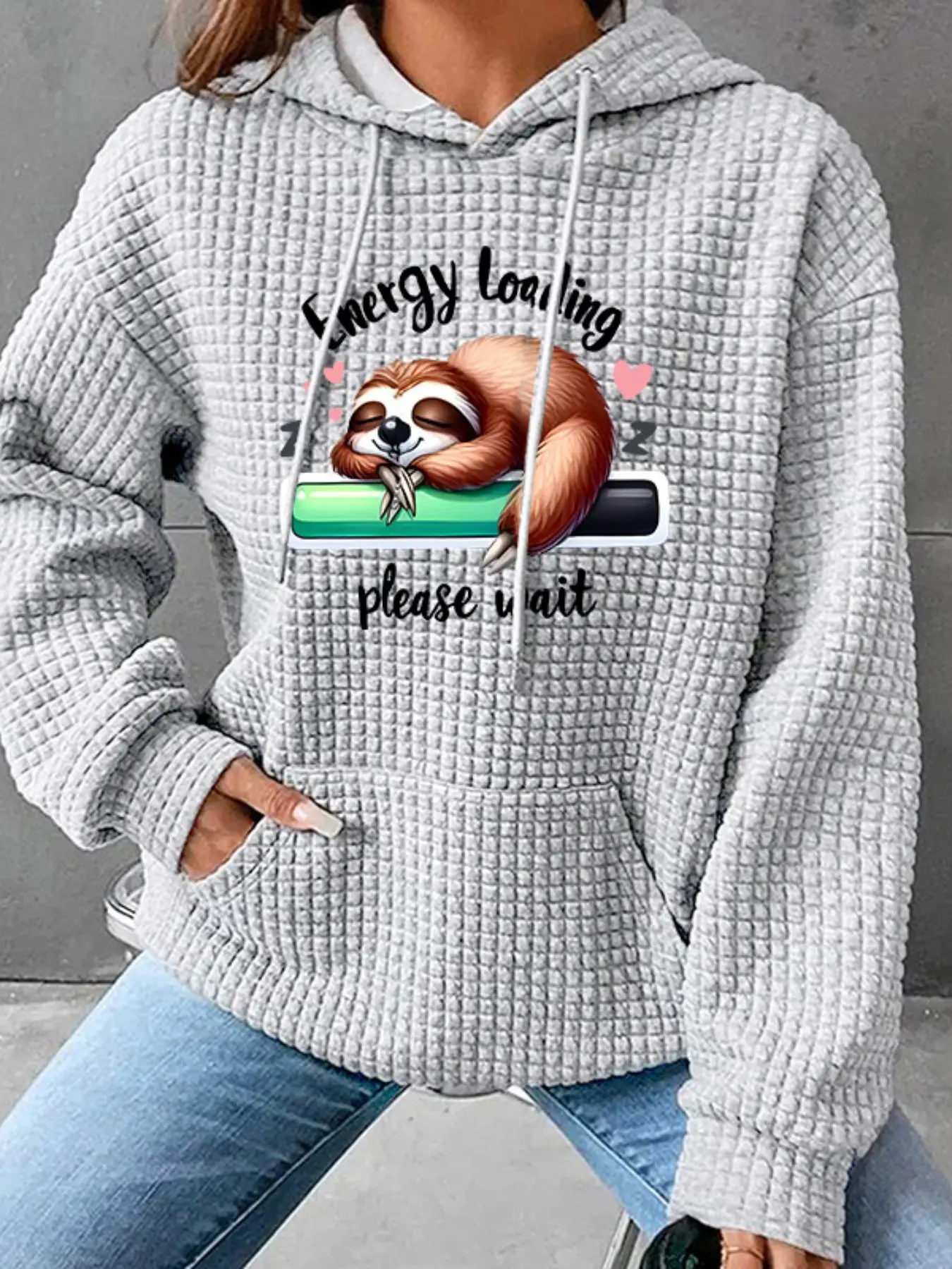 Women's Trendy Hooded Sweatshirt with Sloth & Letter Print, Long Sleeve Loose Pullover with Pocket, Fall Winter Casual Top Animal, Womenswear