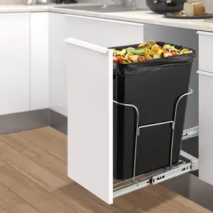 Under Cabinet Pull Out Trash Can Shelf, Stainless Steel Adjustable Slide Out Organizer for Under Kitchen Sink, Fits 30L Waste Bin