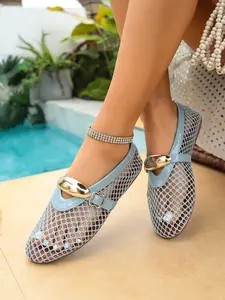 2026 New Fashion Braided Fishnet Round Toe Metal Elastic Band Single Shoe, Vintage Hollow Out Breathable Flat Ballet Shoes, Slip-On Summer Sandals