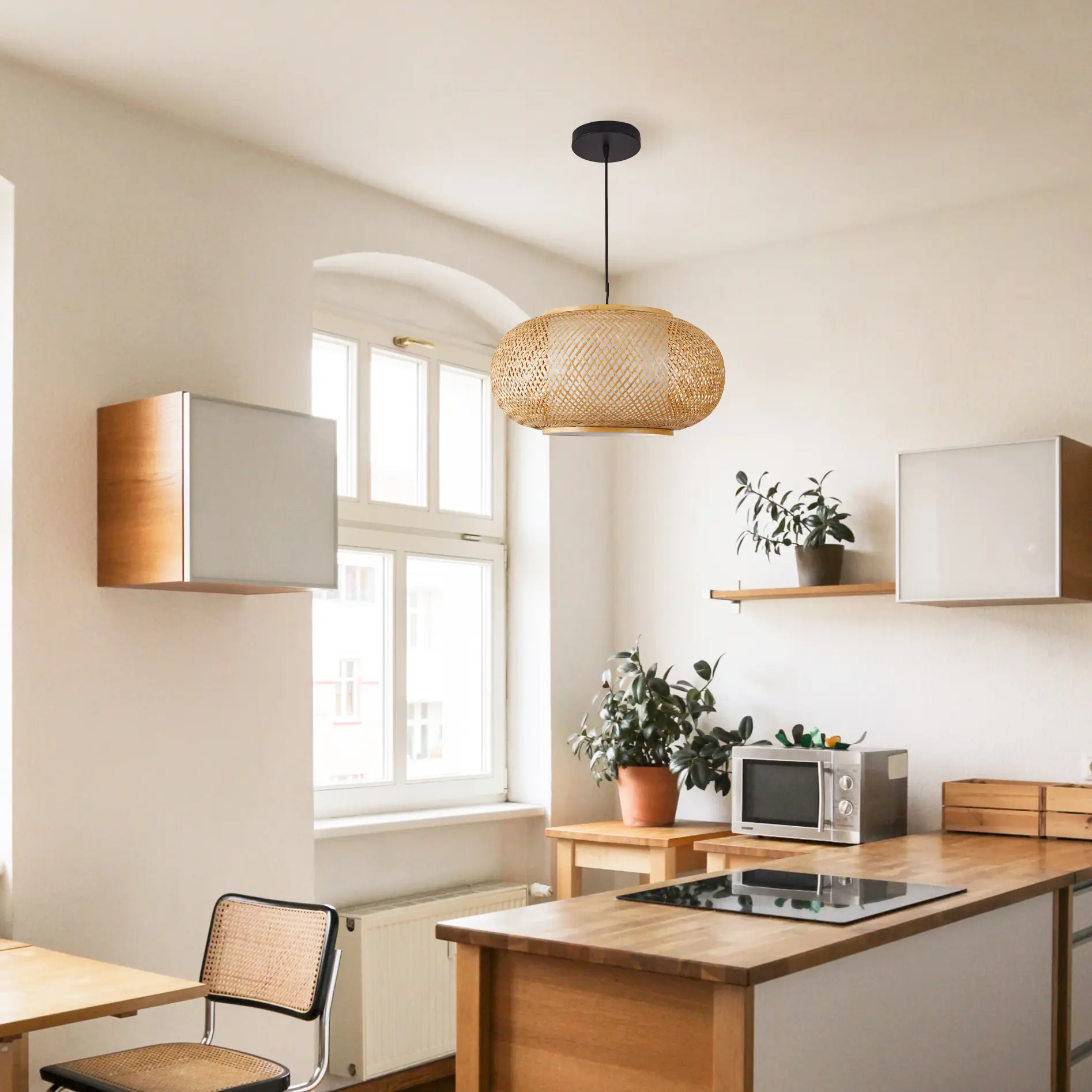 Aeyee Bamboo Pendant Light Basket Weave Hanging Light, 1 Light Elegant Rattan Chandelier for Kitchen Island Nursery