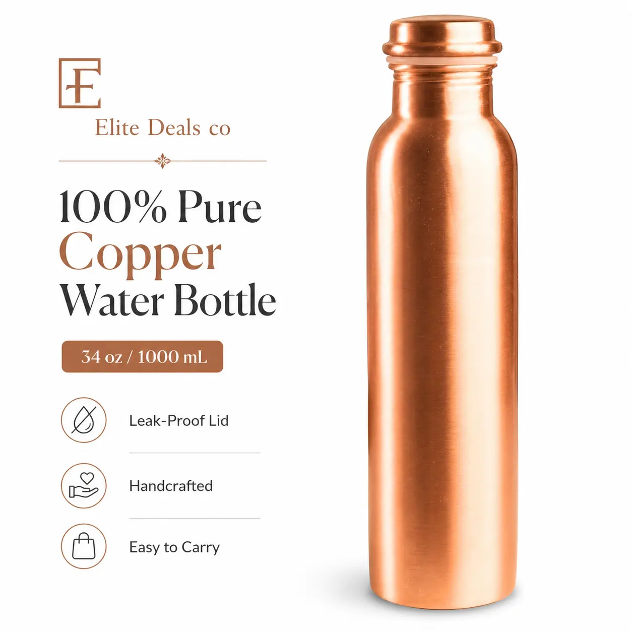 Pure Copper Water Bottle – Handcrafted, Ayurvedic Health Benefits, Leak-Proof Design | Easy to carry for Sports, Fitness, Yoga, School (Plain Copper Water Bottle - 1000ml)