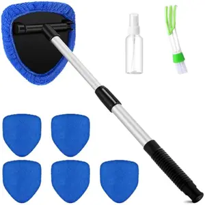 Potchen 8-in-1 Car Windshield Cleaner Tool, Long Extendable Handle Window Cleaning Tool, Washable Microfiber Towel Pads + Detail Brush + Empty Spray Bottle, Universal Auto Glass Wiper for Vehicle, SUV, RV, Truck & Home Windows