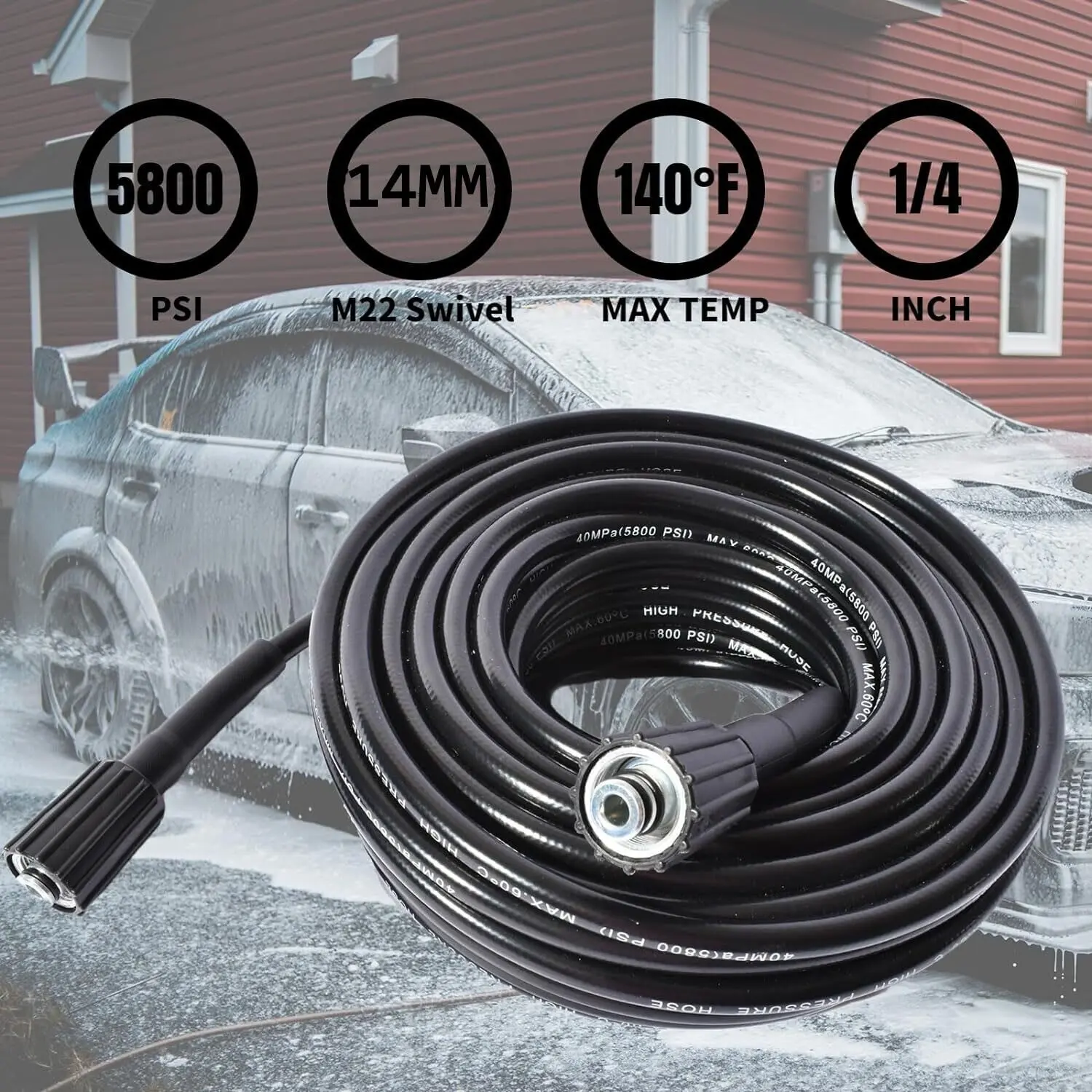 Commercial Kink-Free High-Pressure Washer Hose, 1-Piece 5800 PSI Twist-Proof Durable Industrial Rubber Hose, 50ft, 22mm Inner Thread, Multi-Brand Compatible for Home & Patio Power-Washing Tasks