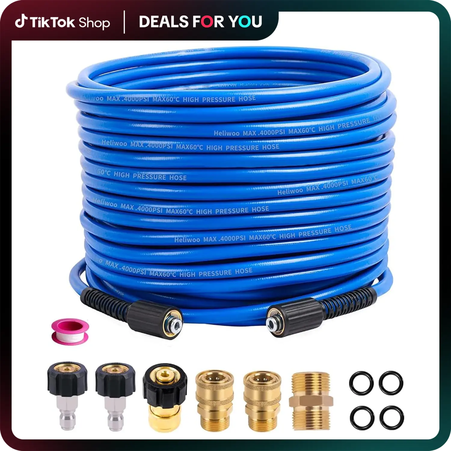 Heliwoo 50FT x 1/4" High Power Pressure Washer Hose Complete Kit with Pressure Hose Reel, 4000 PSI Max, Kink-Free, Abrasion-Resistant, M22 14/15mm Thread, Quick Connect Adapters, Flexible Extension, Adjustable Nozzles for Cars, Driveways, Windows