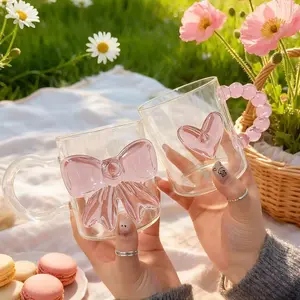 2PC Glass Coffee Cup Set With Handle, Bow & Heart Design Milk Tea Mugs, Transparent Espresso Cups For Hot & Cold Coffee Drinks, Cappuccino & Latte Glassware Set, Clear Glass Cup, Durable Glass Cup, Coffee Drinkware