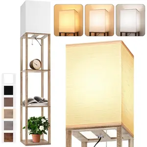 Floor Lamp with Shelves for Living Room  Wood, Shelf Floor Lamp with 3 CCT LED Bulb, Corner Display Standing Column Lamp Etagere Organizer Tower Nightstand with White Linen Shade for Bedroom
