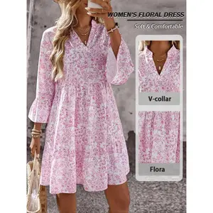 Emory Ross Women's Floral Print Ruffle Neck Flounce Sleeve Dress, Casual Fall & Summer, Teacher Wear, Holiday Vacation Clothing