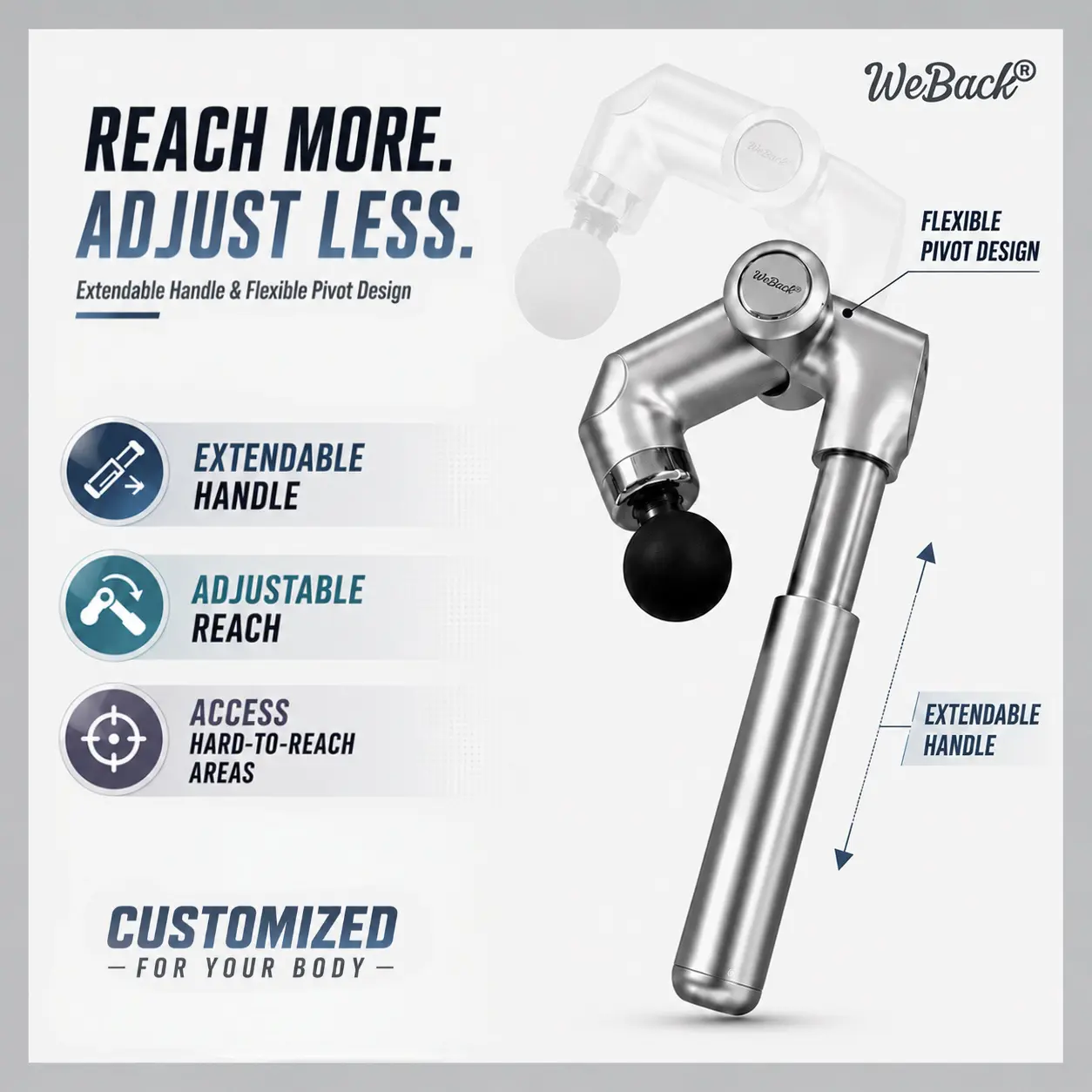 WeBack Foldable Curved Electric Fascia Gun - Extendable Percussion Massager with High-Frequency Vibration for Deep Tissue Muscle Recovery