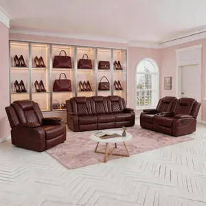 Luxury Sofa Brown Breathing Leather 3-Piece Living Room Recliner Sofa Set
