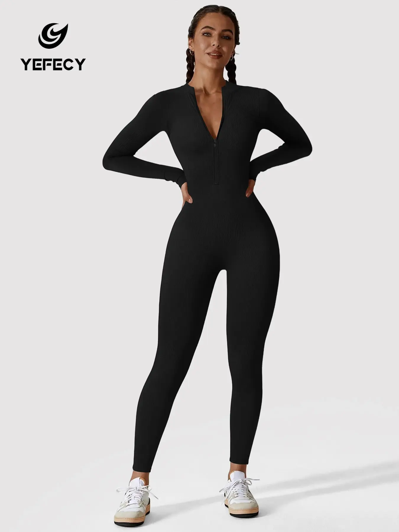 Women's Sporty Jumpsuit with Zipper Design, Plain Surface, Above Ankle Length, Suitable for All Seasons, Ideal for Outdoor Activities, Stretch Jumpsuit