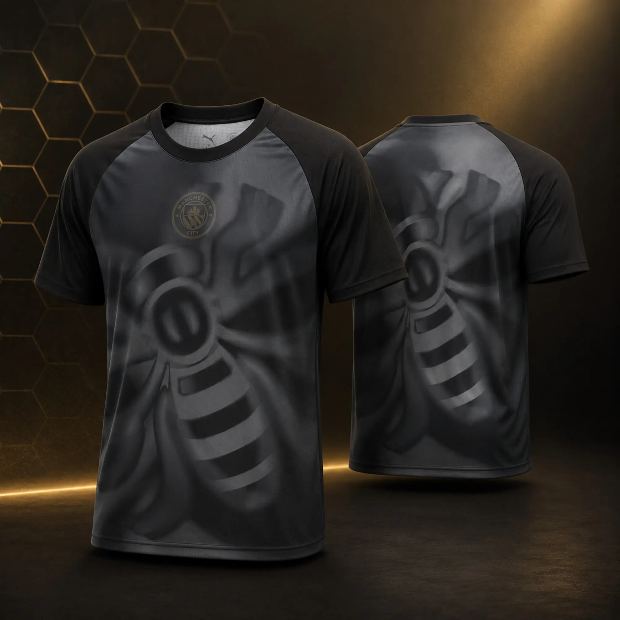 Unisex Shadow Hive Soccer Jersey – Black and Charcoal Bee Graphic Football Shirt with Gold-Tone Accents, Crew Neck and Short Sleeves, Lightweight Breathable Sports Top for Men and Women, Training, Outdoor Activities, Game Days and Everyday Streetwear