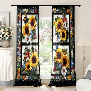 2pc, Sunflower Butterfly Print Pattern. It is installed using pocket rod method. This is a digital printing curtain, suitable for living room, closet, bedroom, study, dining room and home decoration.