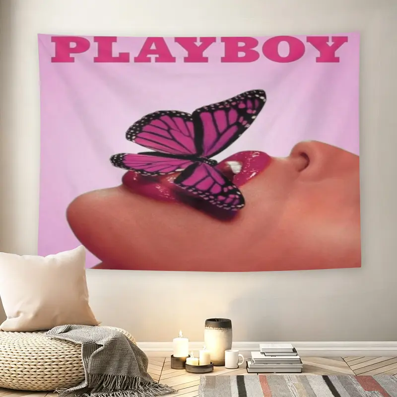 Pink Playboy Butterfly Lips Wall Flag, Y2K Aesthetic Print, Mid-century Modern Black Flash Manga Style, Girly Glam Vibe, For Adult Fans, Teen Bedroom, Dorm, Fashion & Lifestyle Decormusic comics wall flags custom tapestries