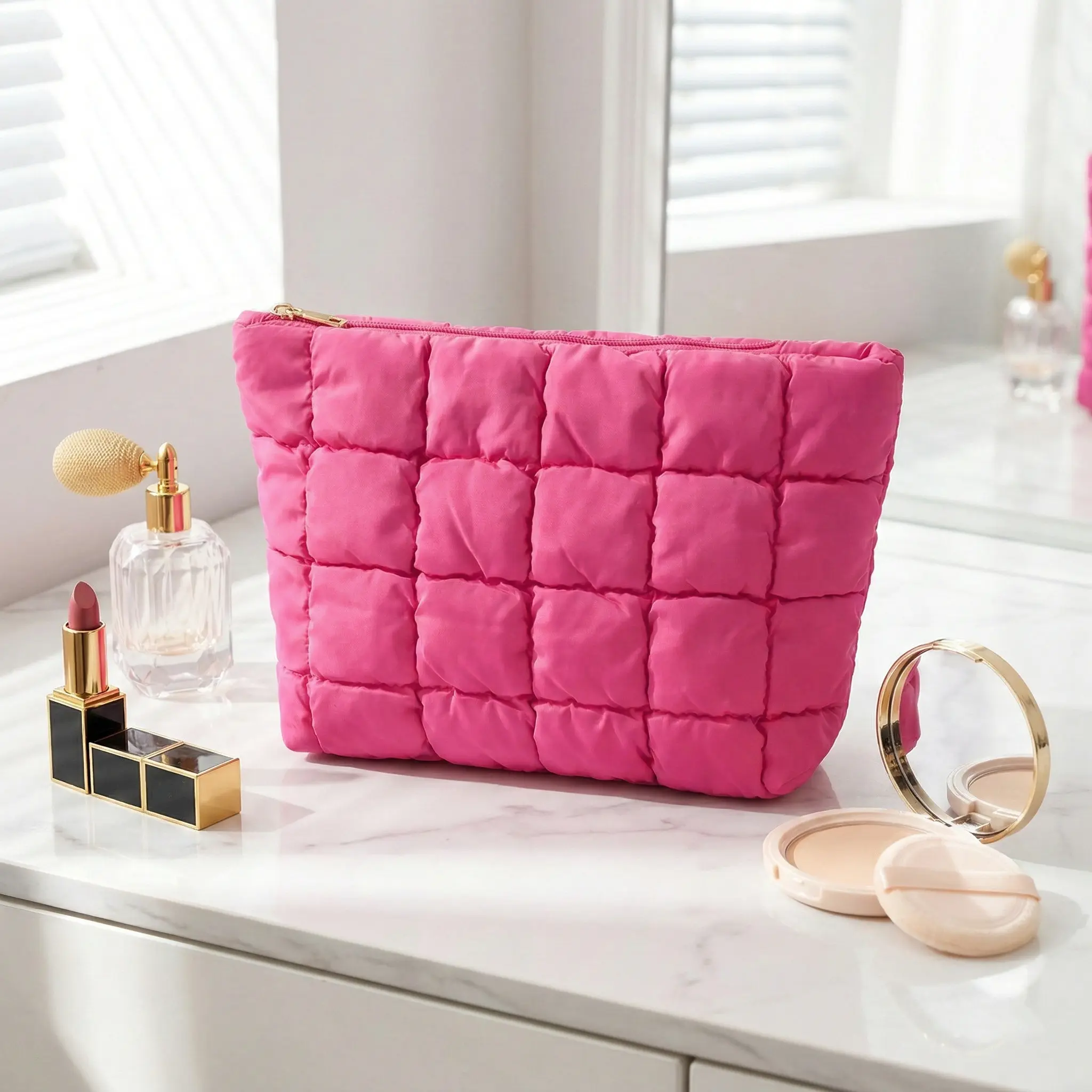 Large Capacity Quilted Design Clutch, Aesthetic Makeup Bag - Soft Quilted Cosmetic Pouch, Trendy Y2K Travel Organizer & Everyday Clutch, Durable Pouch, Travel Storage Bag With Zipper, Perfect Gift Idea, Easter Gift Bags, Mother's Day Gift