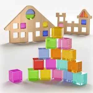 Building Blocks Set, Acrylic Rainbow Gem Cubes Stacking Toy with 2 Wooden Castle, Montessori Stacking Blocks Toys, STEM Educational Toys, Preschool Toddler Wooden Sensory Toys