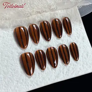 Amber Stripe Handmade Press-On Nails, Glossy Fake Nails, Short Almond Shape, 10pcs, Vintage Amber Stripe Design, Caramel Amber Base & Black Vertical Stripe & High Gloss Accents, Reusable DIY Nail Kit for Women, Trendy Nails for Spring, Summer & Daily Wear