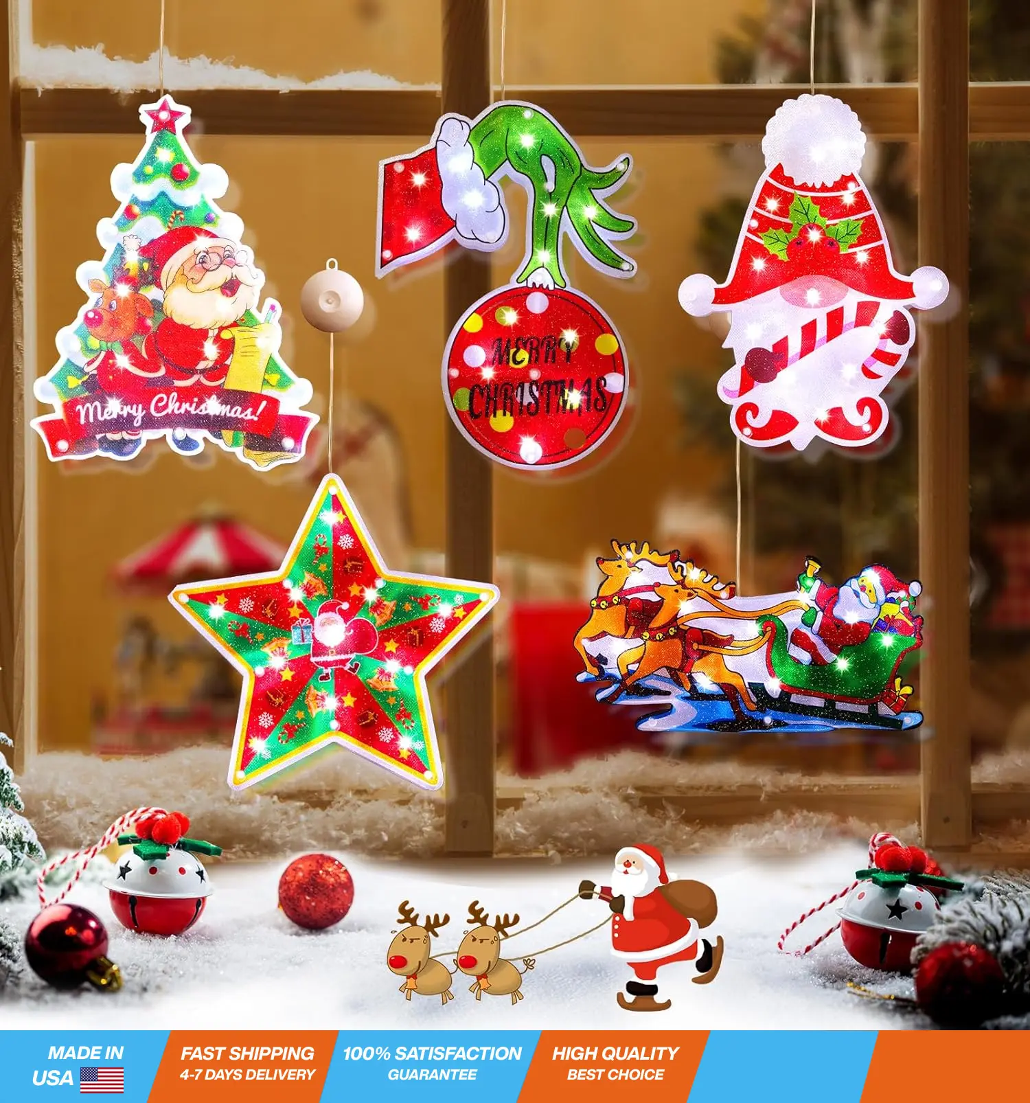 Window Christmas Lights Decorations, 5pcs LED Dwarf Santa Claus Driving Tree Star Green Monster Shaped with Suction Cup, Battery Powered Christmas Window Hanging Lights for Home Xmas Party Indoor