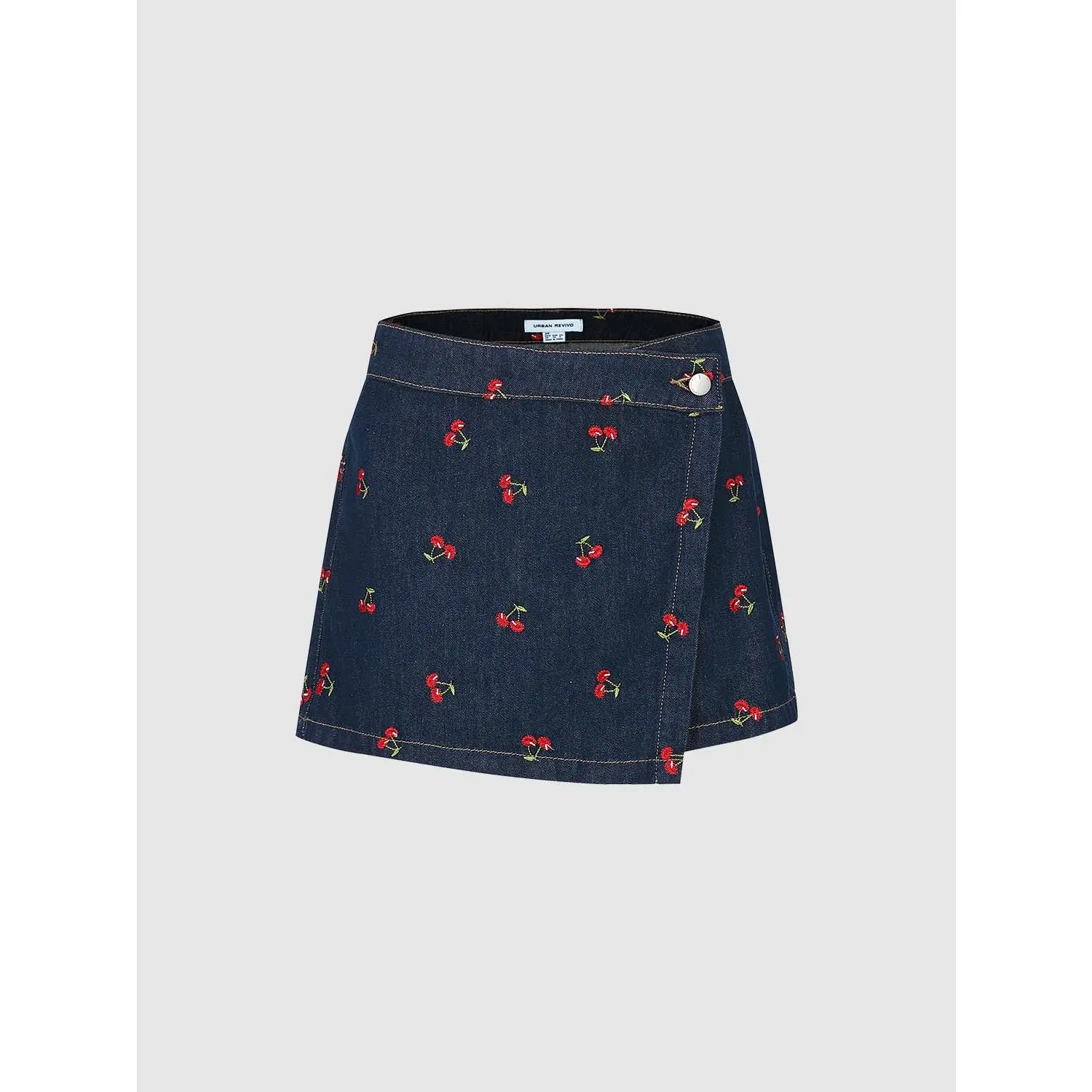 URBAN REVIVO 2026 Spring Women's Cherry Printed Polyester Cotton Denim Mini Skort Bottom, Hip-Flattering Design, Mini Length, Casual Skirt, Multi Sizes, Polyester Cotton Fabric, Mini Skirts, Cotton Polyester Skirts