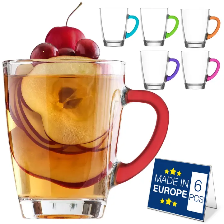 Hakan 10.25 oz Glass Mugs with Colorful Handles, Set of 6