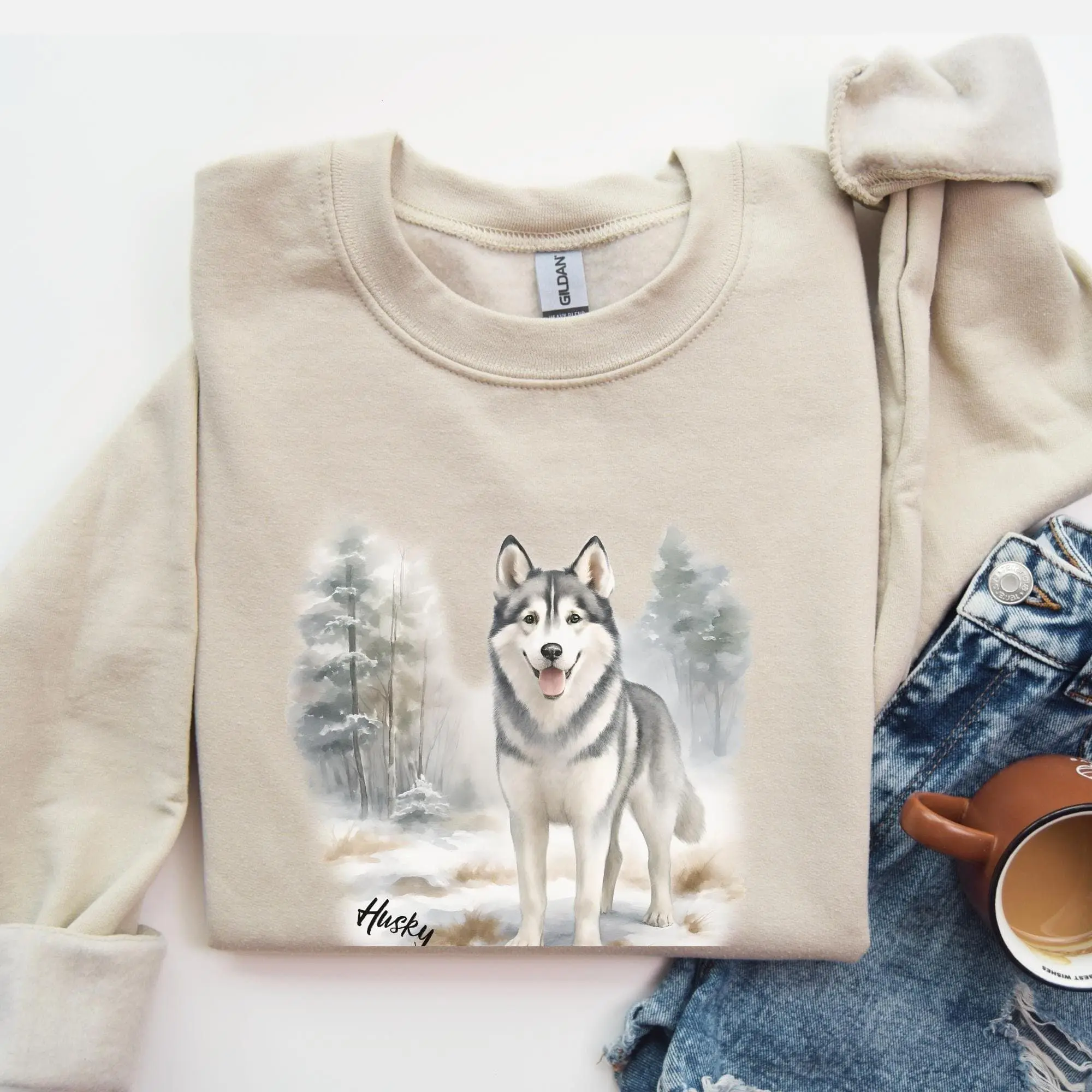 HUSKY SWEATSHIRT, 90'S Vintage Style Husky Crewneck, Siberian Husky, Vintage Animal Sweatshirt, Winter Wilderness Sweater, Dog Lover Gift Cotton Fit Bottom Drawstring