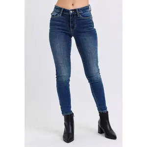 Judy Blue Mid Rise Dark Wash Brushed Thermal Skinny Jeans 82639, Stretchy Cotton Denim Womenswear Bottom, Chic Style, Cozy Warm