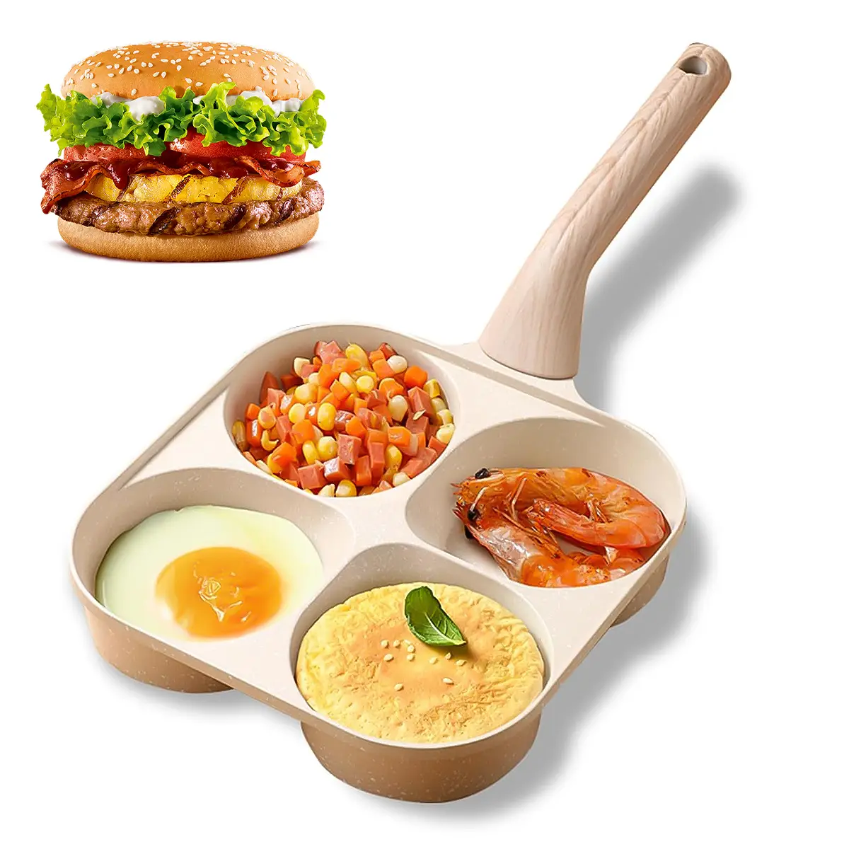 ​​Non-stick Egg Frying Pan, 4 Holes Skillet With Handle, Multifunctional, Wooden Handle Omelet Non-stick Cookware Frying Pan - Aluminum Construction (