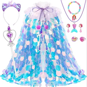 Princess Dress-Up Costume for Girls Ages 3-6, Fairy Tale Dress-Up Toys, Mermaid Costume Cape Set, 9pcs Glittery Sequin Princess Dress Set, Gift for Beautiful Girls on Birthdays, Christmas, Halloween, and Parties, Mermaid Bow Head, Party Costume Accessory
