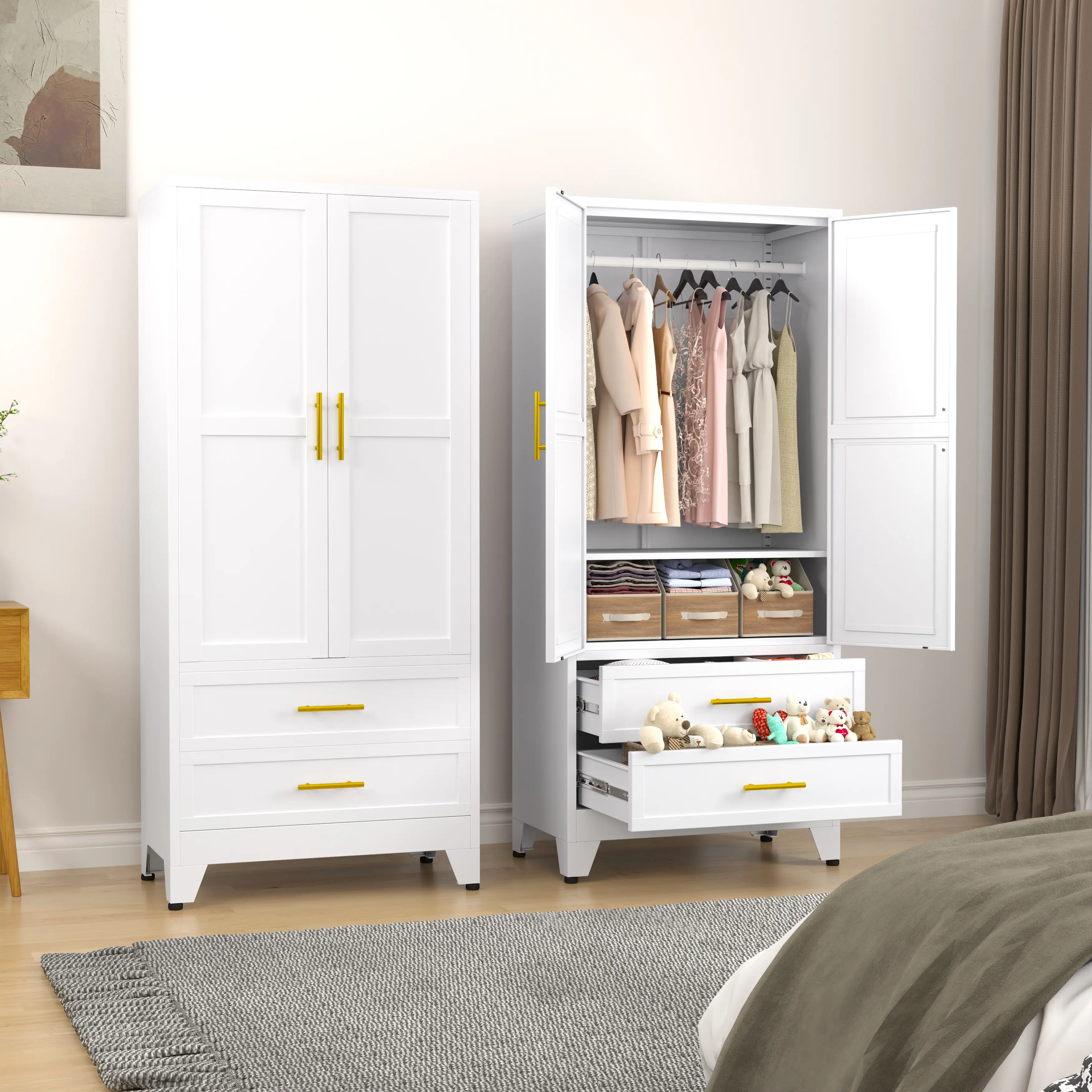 Metal Wardrobe Closet with 2 Doors & 2 Drawers, 71"" Tall Armoire Wardrobe Closet with Hanging Rods and Adjustable Shelf, Steel Wardrobe Storage Cabinet for Bedroom, Large mothersdaygift