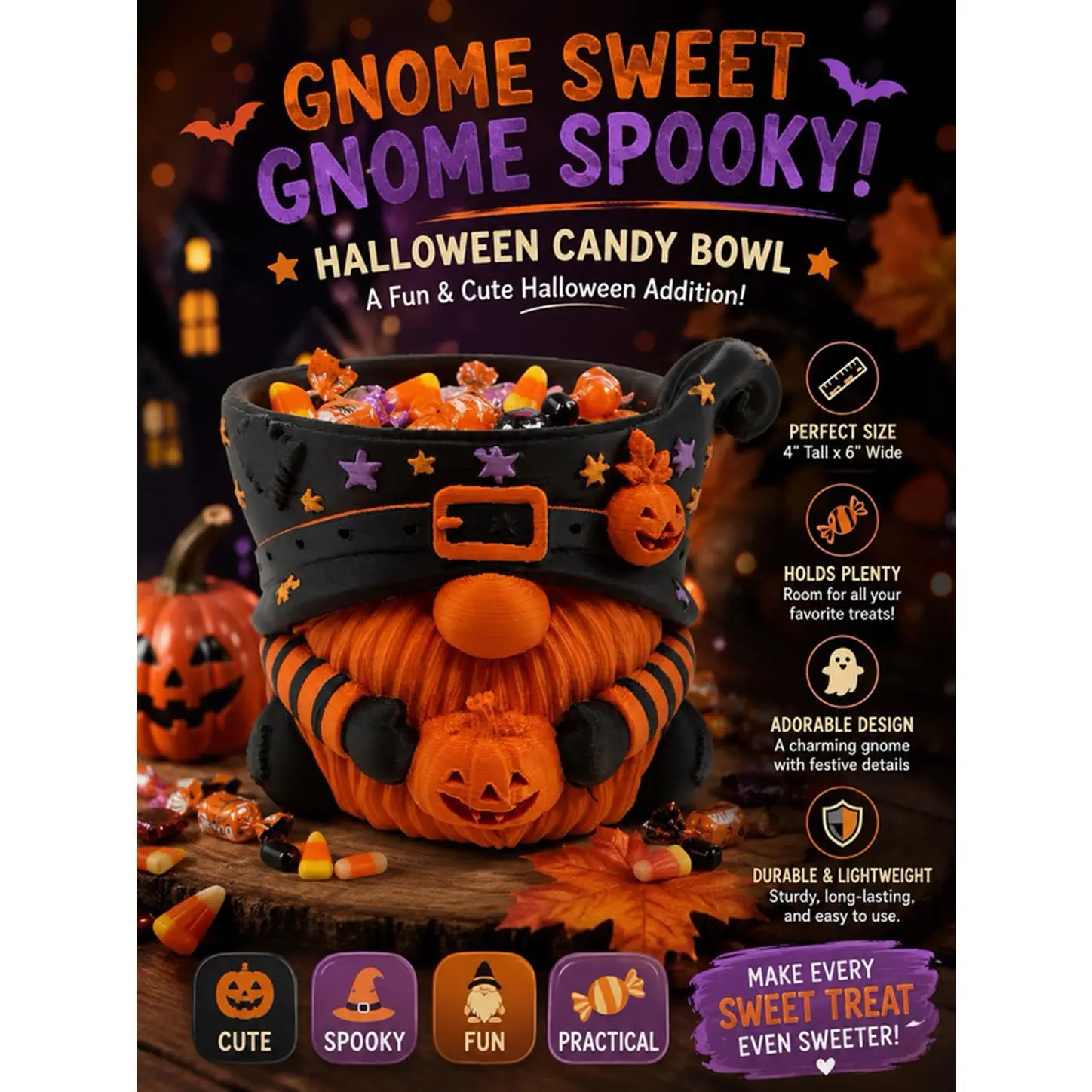 Gnome Sweet Spooky Halloween Candy Bowl 8 Inches 3D Printed Adorable Design Durable Lightweight Fun & Cute Addition