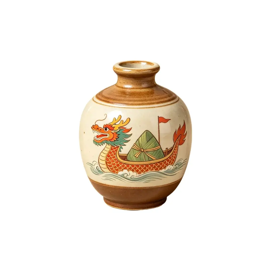 Retro Ceramic Vase, Dragon Boat & Zongzi Print, Traditional Chinese Festival Decor Vessel