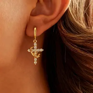 Gold Plated Cross Drop Dangle Earrings for Women - Trendy Dainty Huggie Hoop Earrings Dangling Religious Ornament Jewelry
