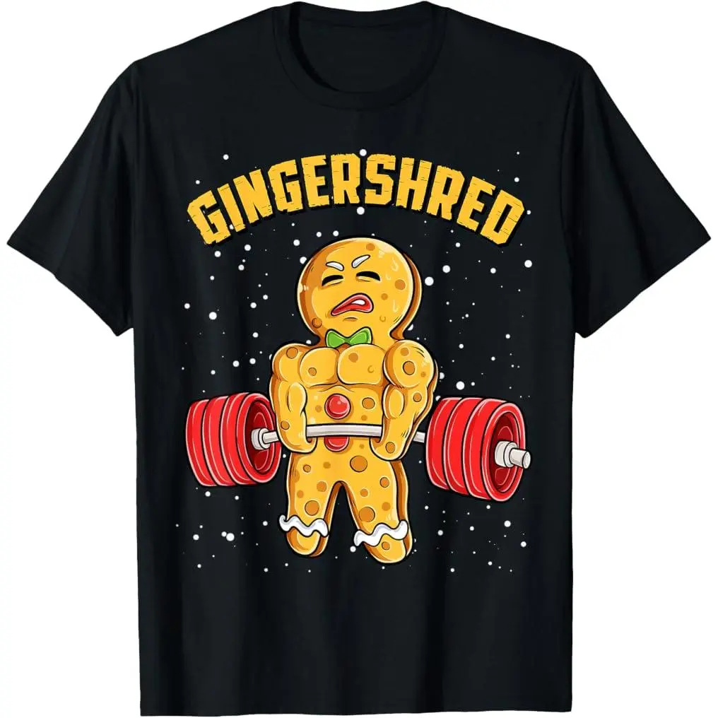 Unisex Funny Gingerbread Man Graphic Cotton Tee, Classic Cut Round Neck Short-Sleeve Sports Top for Gym Bodybuilding, Christmas Casual Wear