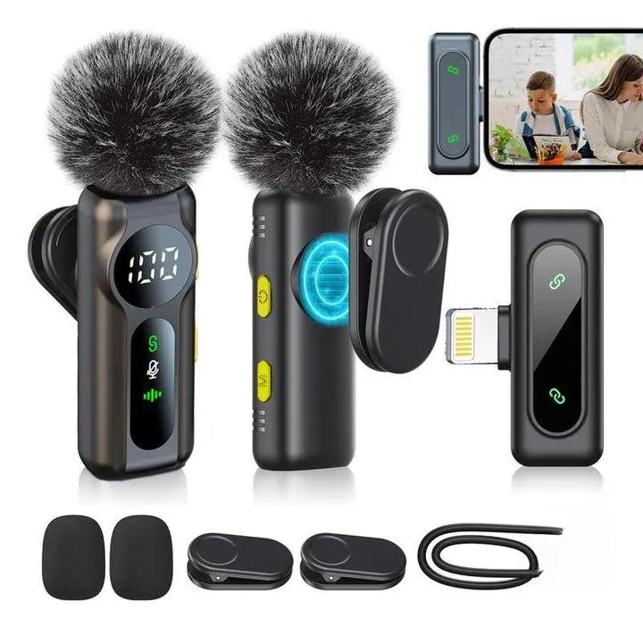 Portable 2-Pack Wireless Lavalier Clip-On Microphones with Furry Windscreen, Lightning Plug, USB Rechargeable Receiver for Vlogging, Podcast Recording
