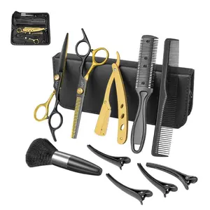 LQT Professional Hair Cutting Scissors Set - Barber-Grade Black & Gold Stainless Steel Haircare Kit with Thinning Shears, Combs, Clips, Storage Case for Adults' Home & Salon Use