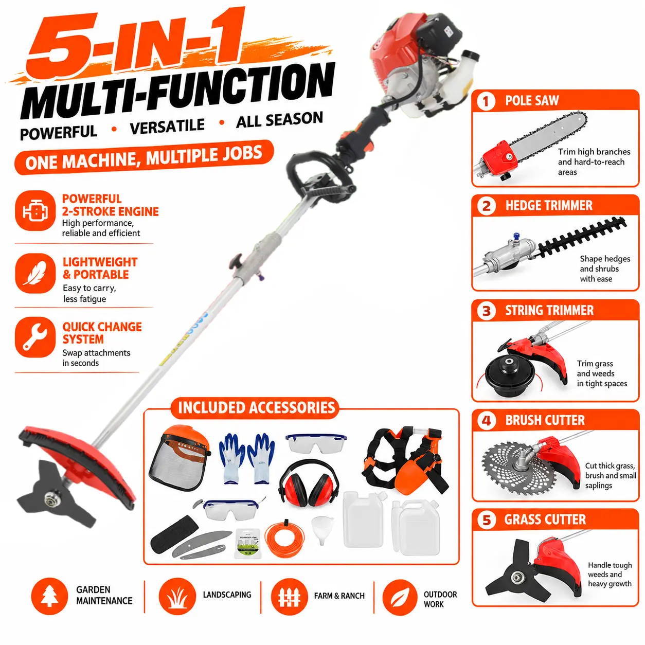 52cc Gas 5-in-1 Multi-Function Garden Tool Set - Hedge Trimmer, Chainsaw, Brush Cutter, Pole Saw, String Trimmer for Lawn Care