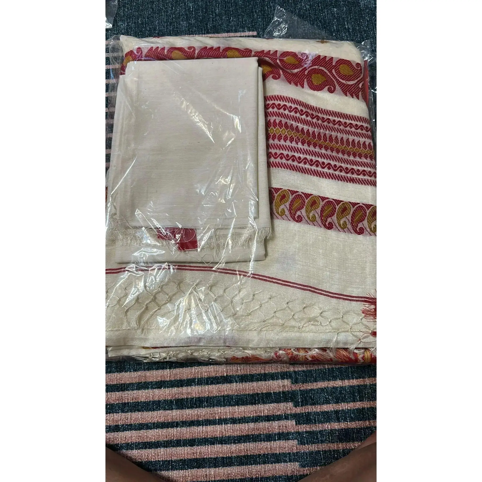 Handloom Tussar Silk Saree – Pearl & Red by Bengal Artisans