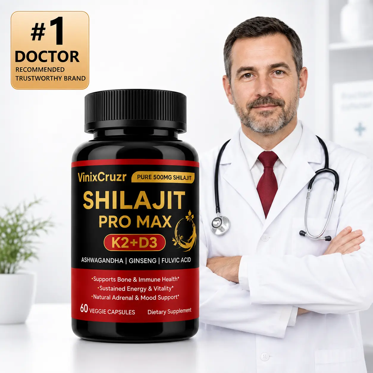 VinixCruzr Shilajit Pro Max for Active Lifestyles – with K2+D3, Fulvic Acid & Electrolytes | Energy, Muscle Recovery & Joint Support – 60 Caps