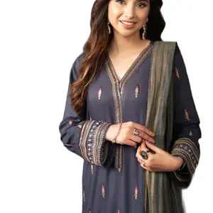 Shirt: Cambric By Pcs: 3 Pcs Trouser: Cambric Dupatta: Yarn dyed Color: Blue Fabric composition: 100% cotton..