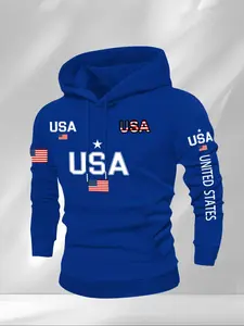 Men's Thick Casual Streetwear Pullover Sweatshirt Hoodie, Trendy Style, American Element Print, Regular Fit, Drawstring Pocket, Long Sleeve, Fall & Winter Streetwear